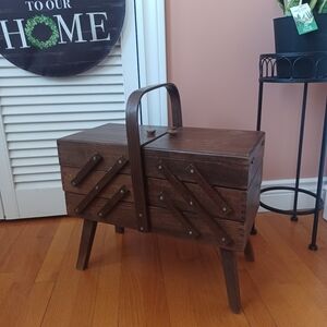 Vintage Accordion Wooden Sewing Box, 3 Tier
